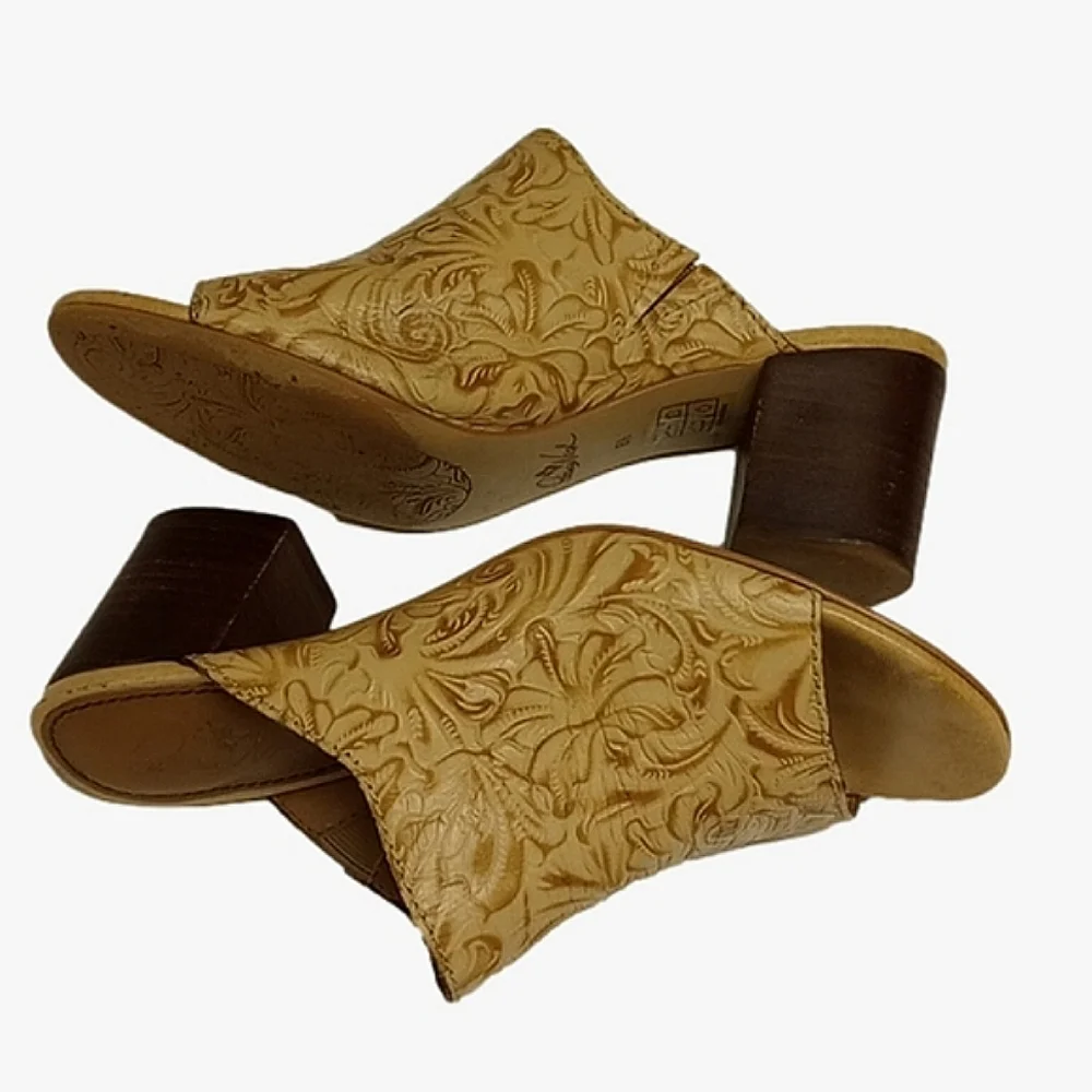 PATRICIA NASH TAN LEATHER OPEN TOE MULE HEEL SHOES WITH TOOLED FLORAL DE… - Picture 10 of 15